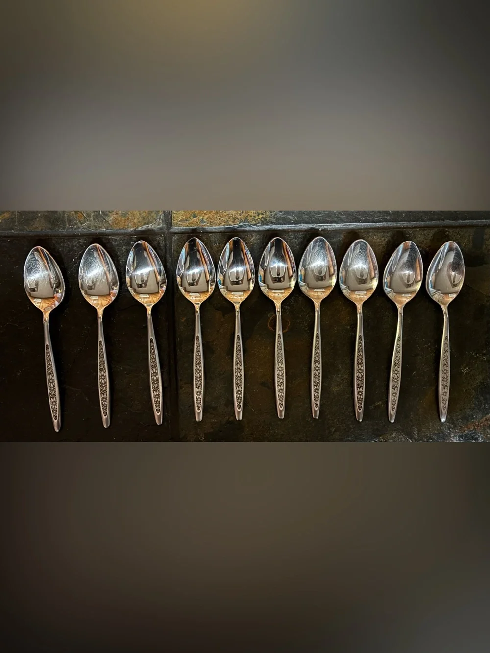 Lot of 10 Vintage Ekco Nicole Stainless Teaspoons Japan EHP Floral MCM